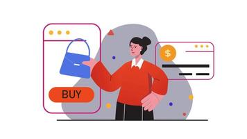 A woman holding a shopping bag and looking at the buy button on her phone in a 2D animation style, symbolizing online shopping with smooth motion and a modern design. video