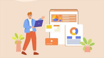 A man standing in front of a laptop with a graph on the screen, perfect for 2D character animation and digital concepts video