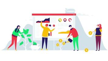 People standing around a board with graphs and money in a 2D character animation, representing business investment and financial growth. video