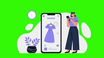 A 2D animation of a woman taking a picture of a phone with a plant on it designed as an online shop icon The scene is modern clean and perfect for ecommerce video