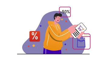 A character animation of a man holding a tablet displaying a percentage sign, promoting a 50 percent discount for online shopping. Vibrant and engaging design for sales ads video