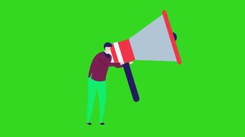 A man holding a megaphone on a green background, designed as an icon animation. The design features smooth motion, emphasizing communication and attention-grabbing. video