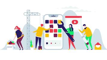 Character animation template of people working on a phone for an app development project, featuring vibrant visuals and teamwork, ideal for tech-themed content video