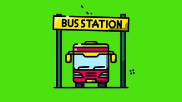 Bus station icon animation on a green background, featuring a modern design with a bus, shelter, and sign, ideal for transportation and travel-themed projects. video