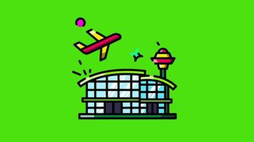 Airport icon animation with a green background, sleek building, and airplane in a modern minimal style. video