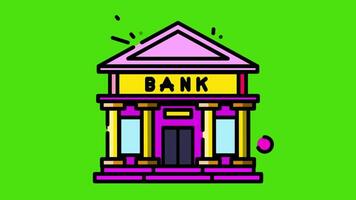 An animated illustration of a bank building icon, with dynamic light effects and modern design, set against a green screen background, perfect for financial projects video