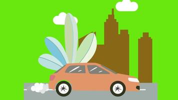 A 2D car animation with a leaf on the hood symbolizing eco-friendliness set against a green screen cityscape Features the phrase Enjoy Your Trip in style video