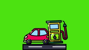 An animated scene with a car next to a gas pump, the car's gas icon glowing as it fills up. Set against a green screen background, ideal for digital projects video