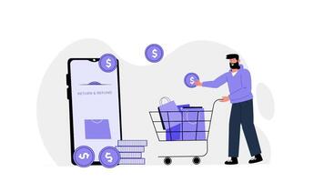 Cartoon man with a shopping cart and money in hand, shopping on an e-commerce website animation video