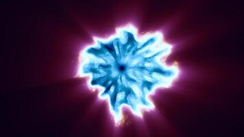 uma brilhando abstrato azul esfera forma com vibrante roxa luzes em uma Sombrio fundo, simbolizando inovação e criatividade, representando poder e movimento fundo video