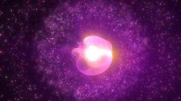 Pink and purple glowing nebula sphere with a swirling core, surrounded by particles, set in a fantasy-like cosmic atmosphere background video