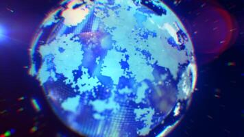 A cool-toned digital depiction of Earth, showcasing pixelated patterns and futuristic blue lighting, emphasizing technology and innovation background video