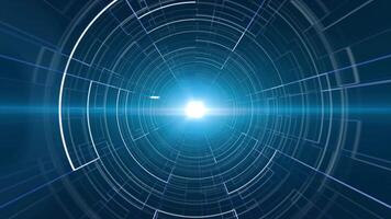 Abstract futuristic tunnel with concentric light rings and geometric patterns, central glowing light source, vibrant colors for digital and sci-fi themes background video