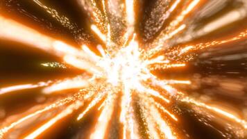 Vibrant burst of golden light particles radiating outward, creating a dynamic and dazzling effect in a cosmic setting, symbolizing energy and movement video
