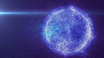 Bright blue sphere with a cosmic texture, floating against a dark background, suggesting a celestial body or energy source in deep space video