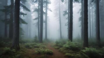 A mysterious dense forest covered in thick fog photo