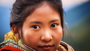 portrait of a young Tibetan woman with a calm and serene expression. Her natural beauty is highlighted by her smooth complexion, intricate traditional scarf, soft background of mountain scenery photo