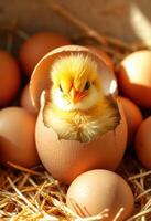 Close-up of a newborn chick hatching from an eggshell photo