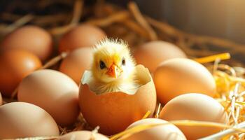 A chick that had just hatched from an egg looked around curiously photo
