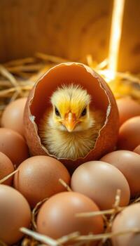Fluffy Chick Emerging from Eggshell in Warm Light photo