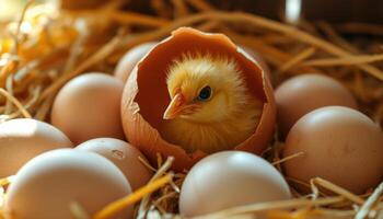 Close-up of a newborn chick hatching from an eggshell photo