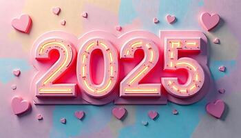 2025 text design in a retro style, with vibrant, bold letters on a pastel-colored abstract background, Happy New Year 2025 photo