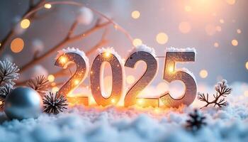 2025 Happy New Year text design with elegant cursive font, adorned with winter-themed decorations soft pastel background. photo