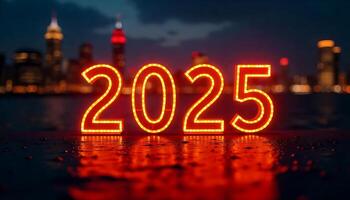Happy New Year 2025 text design against a city skyline at dusk, illuminated buildings, modern typography with neon colors, festive lights shining photo
