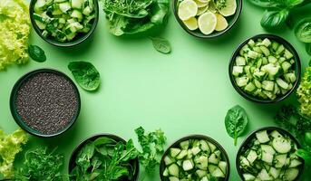 Healthy salad ingredients on green background, top view, empty space in center photo