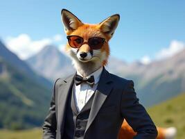 Stylish Fox in Fashionable Suit Against Scenic Mountain Background photo