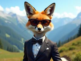 Stylish Fox in Fashionable Suit Against Scenic Mountain Background photo