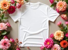 White t-shirt surrounded by flower for mockup concept photo