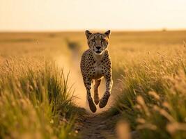 A cheetah runs through tall grass prepare for hunt photo