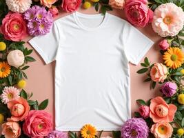 White t-shirt surrounded by flower for mockup concept photo