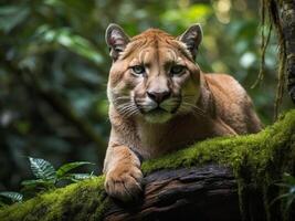 Majestic big cat resting on a moss-covered log in a lush rainforest setting photo