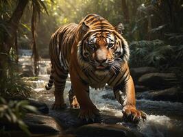 Majestic tiger prowls through clear stream in dense jungle surrounded by vibrant foliage photo
