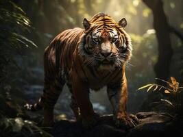 Tiger walking through lush jungle with sunlight filtering through trees in the background photo