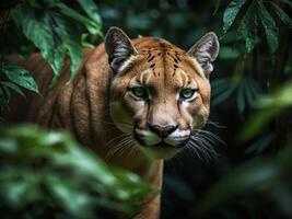 Large feline lurking in dense jungle foliage displaying piercing green eyes photo