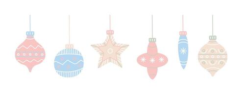 Minimalistic illustration of pastel-colored Christmas ornaments, including baubles and a star, hanging on strings, perfect for festive design projects. vector