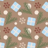 Seamless festive pattern. Branches, snowflakes, gift boxes, and decorative elements in trendy Mocha Mousse and complementary colors. For holiday packaging, textiles, wrapping paper, branding. vector