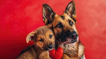 A loving dog and puppy cuddle together against a vibrant red background. photo
