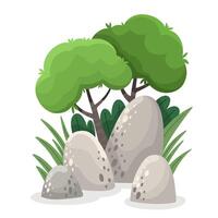 Location with trees and bushes, stones for games, nature theme, nature fragment in flat style. vector