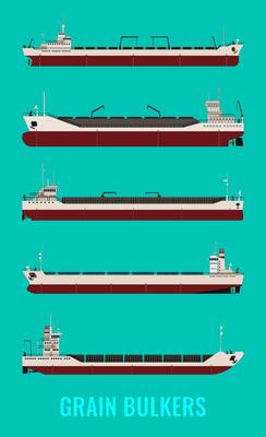 Set of illustrations of bulk carriers with cereals corn, sunflower, wheat on a blue sea background.