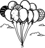 a black and white drawing of balloons flying in the sky vector