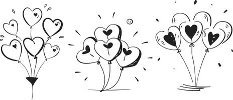 three black and white doodles of hearts with balloons vector
