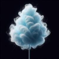 Blue cotton candy, reminiscent of a fluffy cloud, on a stick against a dark background, evoking simplicity and nostalgia. photo