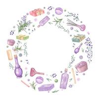 Watercolor Candle, bowl with salt, lavender, herbs, bottle, soap bars, bath bomb wreath isolated background. Spa objects floral illustration for greetings. Round frame with empty space for text vector