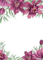 Purple double flowers with intertwined stems watercolor wreath. Blooming Carolina allspice or Calycanthus round illustration with copy space for text. For greeting cards, label, invitation vector