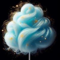 Blue cotton candy, reminiscent of a fluffy cloud, on a stick against a dark background, evoking simplicity and nostalgia. photo