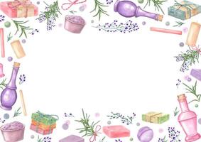 Watercolor delicate spa floral rectangle frame with empty space for text. Candle, bowl with salt, lavender, herbs, bottle, soap bars, bath bomb illustration. Horizontal border in pastel colors vector